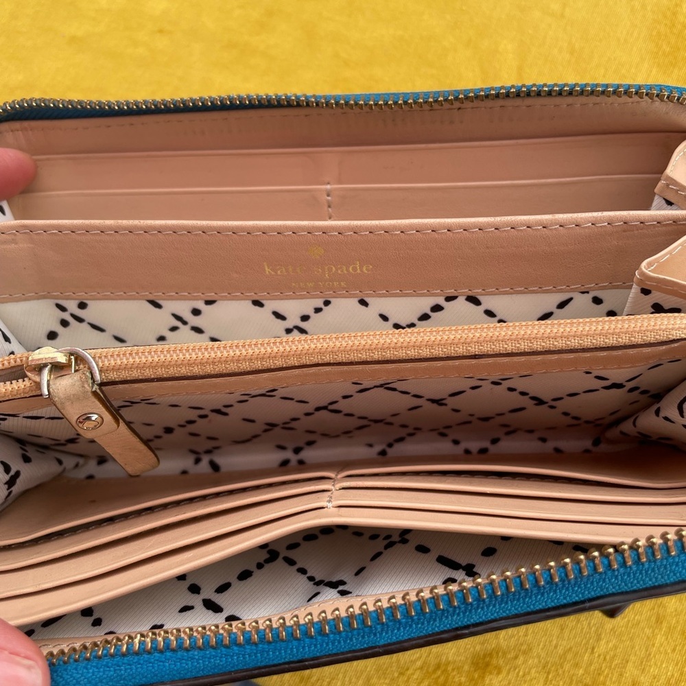Kate Spade Turquoise Leather Zippered Wallet 4” x 8” - Picture 6 of 9